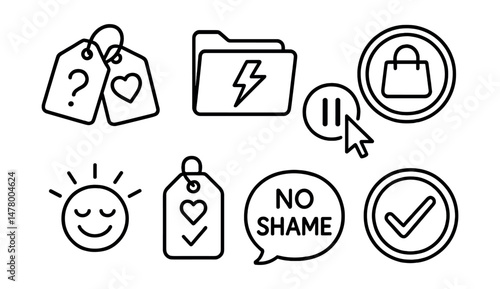 Line style icons of emotional clarity in consumption: want vs feel tag, emotional trigger file, shop from stillness badge, pre-buy pause icon, joy-based decision symbol, values over mood tag, no