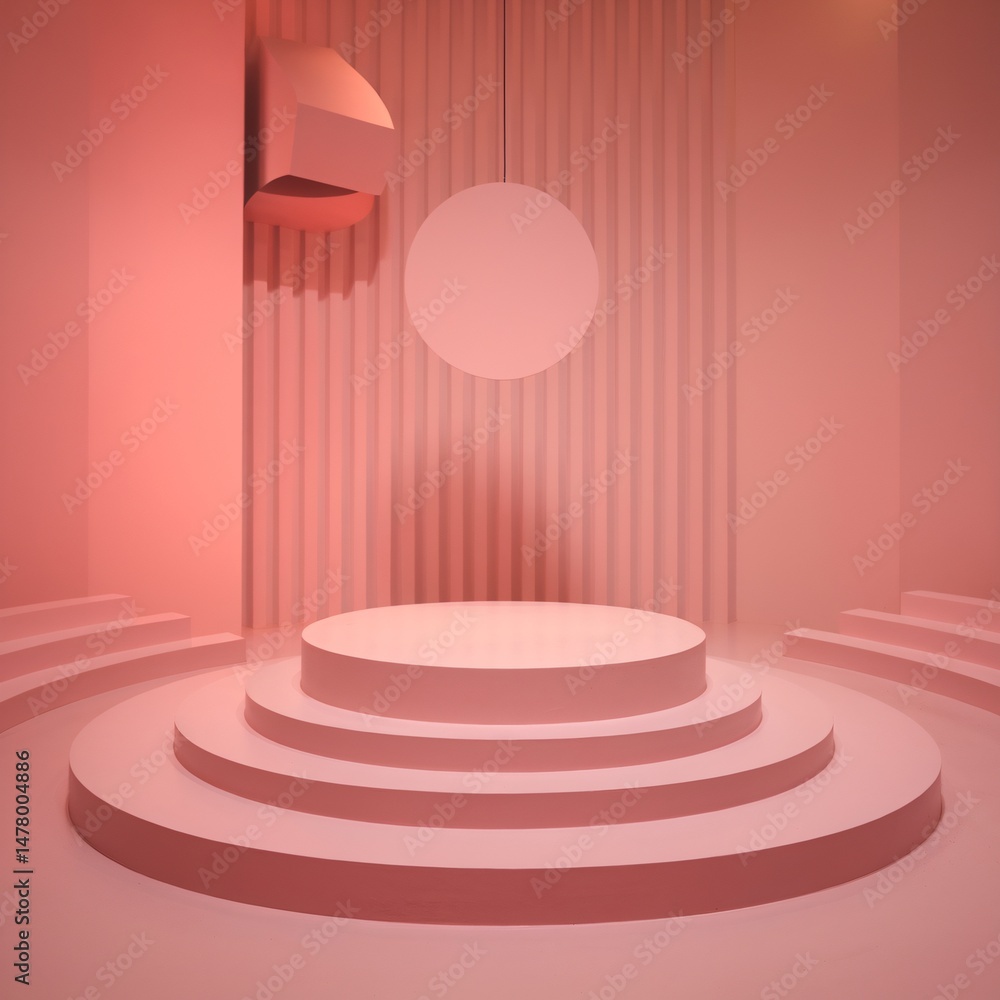 Fototapeta premium Minimalistic pink studio setting featuring a circular backdrop and tiered podium.