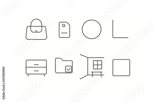 Line style icons of everyday minimalism: minimalist bag icon, simple shelf tag, empty space badge, purpose-led corner, mindful drawer setup, non-urgent wishlist file, peaceful room outline, blank