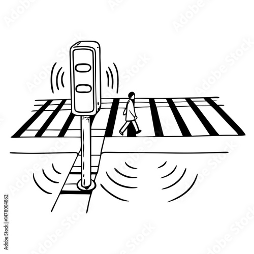 Smart pedestrian alert system icon vector. With a crosswalk, blinking lights and signal waves to detect people logo