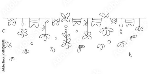 Long spring summer garland with flowers, flags. Black and white illustration for design of postcards, banners, leaflets, invitations, coloring books