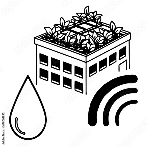 Green rooftop farming system icon with a building top vector. Smart rooftop agriculture system logo.