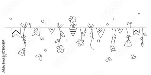 Long spring summer garland with flowers, flags. Black and white illustration for design of postcards, banners, leaflets, invitations, coloring books