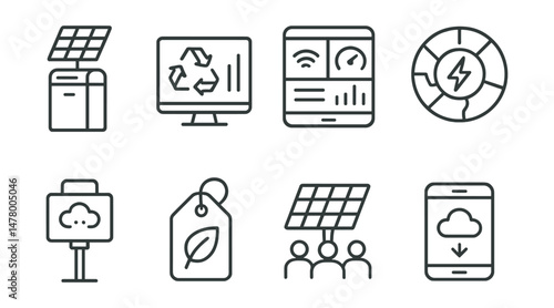 Line style icons of eco urban tech: solar trash bin icon, smart recycling screen, shared sensor dashboard, real-time energy map, public air quality reader, green tech startup tag, community solar