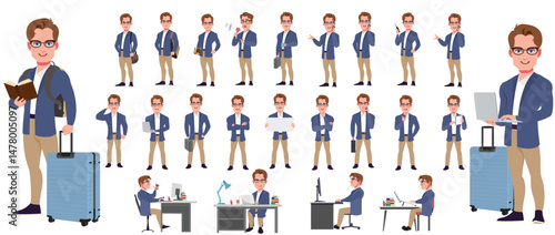 Man Character design. Front, side, back view and explainer animation poses. Character set with lip sync and facial expressions of Happy, angry, sad, Joy with Side walk cycle animation sequence sprite 