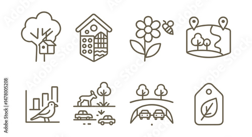 Line style icons of city nature connections: bird box in tree icon, insect hotel badge, pollinator patch tag, wildlife corridor map, urban biodiversity chart, animal crossings in city, green bridge