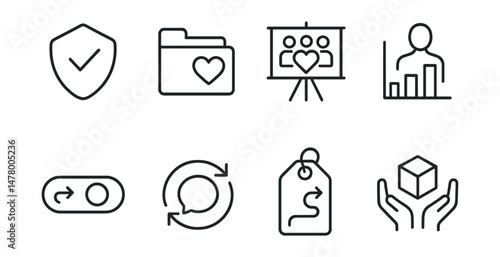 Line style icons of redesign for dignity: anti-harm audit badge, kindness-first file, design with community board, “treat as human” chart, from extractive to supportive toggle, inclusive feedback