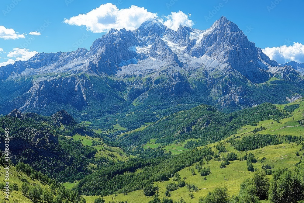 Obraz premium Majestic mountain range rises above a lush green valley landscape