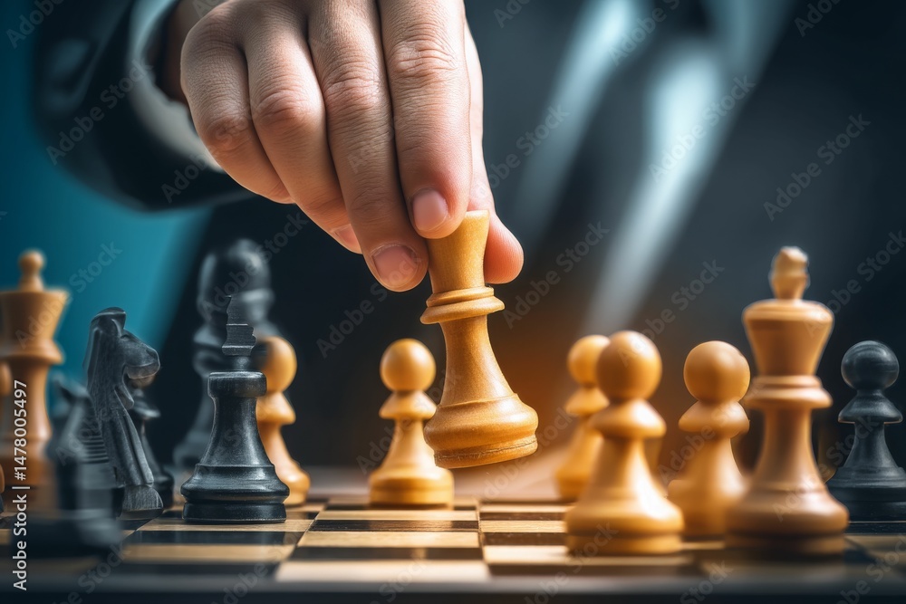 Businessman moving chess piece on chess board game. Businessman moving chess piece on chess board game.