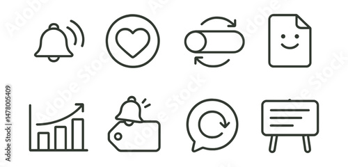 Line style icons of gentle notifications and reminders: soft ping icon, feel check badge, flexible schedule toggle, “no pressure” reminder file, pause if tired chart, customizable ping time tag,