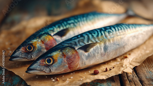 Fototapeta Naklejka Na Ścianę i Meble -  Fresh raw mackerel fish on rustic wooden table with spices and paper