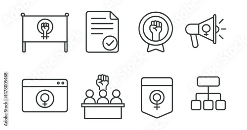 Line style icons of feminist advocacy: feminist campaign banner, policy reform petition file, grassroots leadership icon, digital activism badge, gender justice megaphone, movement platform tag,