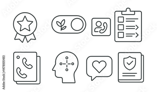 Line style icons of safe crisis response: panic button badge, calm space toggle, emergency contact card, step-by-step safety board, hotline numbers file, grounding exercise chart, supportive