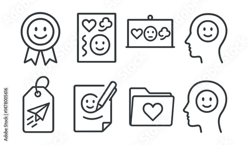Line style icons of non-verbal communication: feelings without words badge, abstract emotion page, symbols for stories board, body to image chart, message in motion tag, unspoken to paper icon,