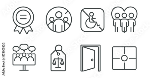 Line style icons of inclusive values: equal opportunity badge, inclusion circle icon, no barriers sign, everyone belongs symbol, diverse voices board, fairness scale tag, open to all door, shared