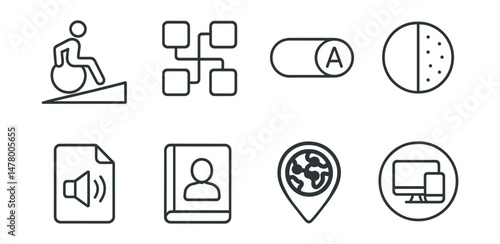 Line style icons of inclusive design: universal access ramp, clear path layout, large font toggle, color contrast icon, audio alternative file, inclusive UX guide, user diversity map, responsive