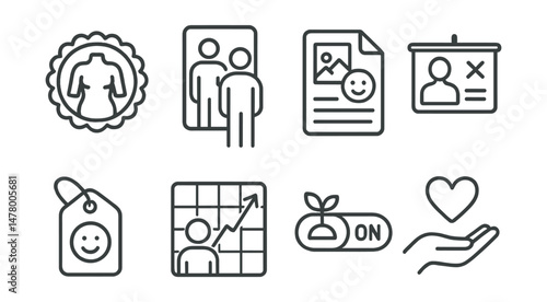 Line style icons of body and self-image: body neutrality badge, reflection support icon, photo and mood journal file, non-comparison board, affirming self-talk tag, mirror check moment chart, growth