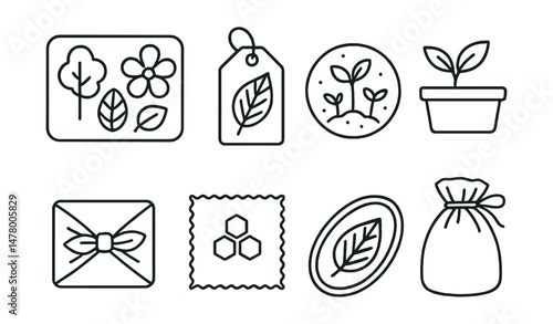 Line style icons of eco-crafts: nature collage board, leaf print tag, seed paper icon, cardboard planter badge, zero-waste gift wrap file, beeswax cloth chart, clay leaf tray, reusable craft pouch.