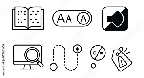 Line style icons of visual accessibility: braille book icon, large text toggle, screen reader badge, contrast checker tool, magnifier over screen, tactile path layout, color blind-friendly icon,