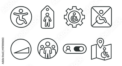 Line style icons of general accessibility: universal access symbol, inclusive interface tag, accessibility settings gear, barrier-free zone icon, open ramp badge, accessibility for all label, user