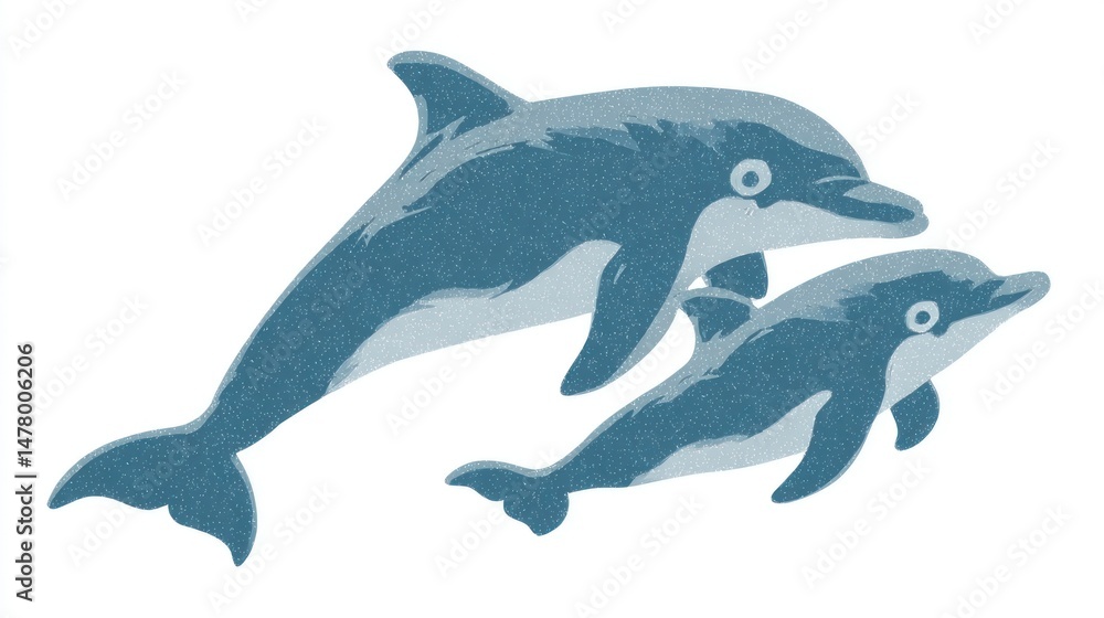 Fototapeta premium Two Dolphins Leaping Together in Harmony Ocean Life Illustration Marine Wildlife Artwork Und