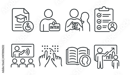 Line style icons of accessible learning: accessible e-learning file, education with interpreter tag, lesson in sign language, inclusive syllabus symbol, screen reader in classroom, tactile diagrams