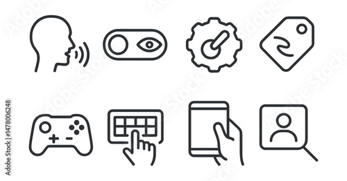 Line style icons of inclusive technology: voice control icon, eye-tracking toggle, switch access badge, haptic feedback tag, accessible gaming controller, alternative input symbol, device with grip