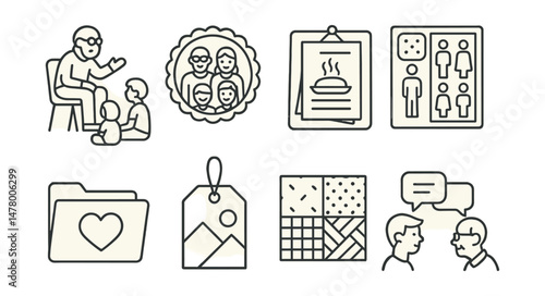 Line style icons of intergenerational events: elders storytelling icon, family photo booth badge, recipe swap board, games for all ages chart, craft for grandparents file, shared memory wall tag,