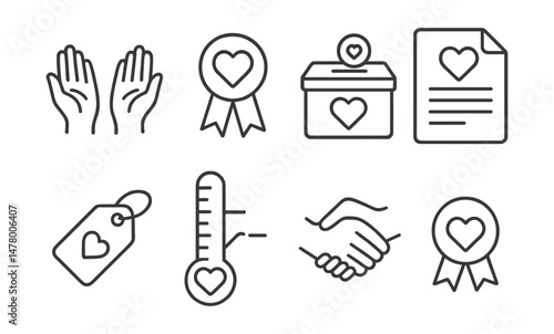 Line style icons of charity basics: open hands icon, giving heart badge, donation box symbol, charity form file, kindness token tag, fundraising goal chart, compassion icon, act of giving badge.
