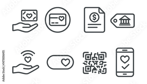 Line style icons of donation methods: cash gift icon, card donation badge, online payment file, direct bank transfer tag, contactless donation symbol, monthly giver toggle, QR donation code, donation