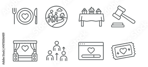 Line style icons of fundraising events: charity dinner icon, community walk badge, bake sale table, silent auction gavel, donation concert stage, peer-to-peer fundraiser chart, online campaign banner
