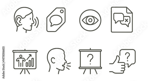 Line style icons of communication skills: active listening icon, clear message tag, eye contact badge, respectful disagreement file, body language chart, speak with confidence bubble, question for