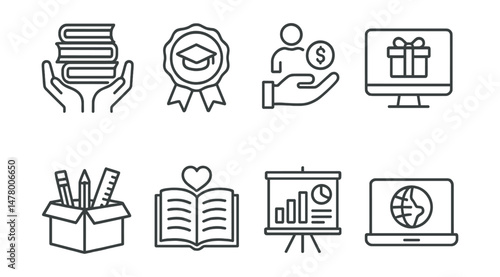 Line style icons of charity for education: donate books icon, scholarship fund badge, tutor sponsorship file, online learning gift, classroom supplies donation box, literacy support symbol,