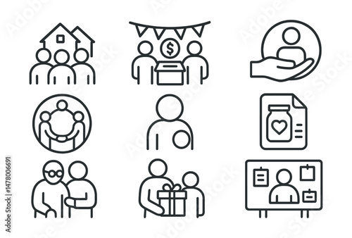 Line style icons of community-based charity: neighborhood aid group, block fundraiser icon, help your neighbor badge, mutual aid circle tag, community pantry file, elder support service, family in