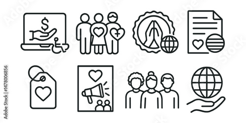 Line style icons of inclusive giving: accessible donation platform, gender-inclusive aid icon, culturally relevant support badge, LGBTQ+ inclusive file, multilingual outreach tag, inclusive campaign