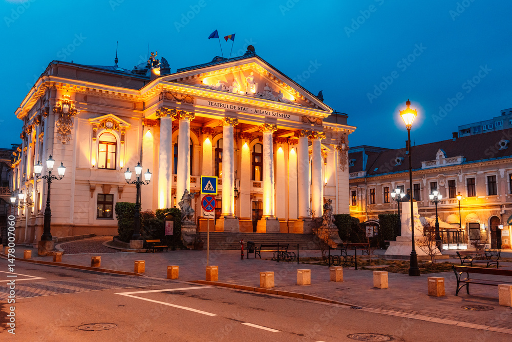 Obraz premium Oradea, Romania with historic buildings in Union Square , The Capital of Art Nouveau. Western Transylvania in Romania. Historical cultural city in europe