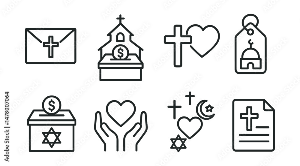 Line style icons of faith-based charity: tithes envelope icon, church donation box, faith + giving symbol, mosque aid project tag, synagogue community fund, giving in worship badge, interfaith Line style icons of faith-based charity: tithes envelope icon, church donation box, faith + giving symbol, mosque aid project tag, synagogue community fund, giving in worship badge, interfaith