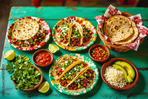 Wallpaper Mural A vibrant, overhead shot showcases a colorful Mexican food spread featuring tacos, tortillas, salsas, and garnishes arranged on a teal wooden table. Torontodigital.ca