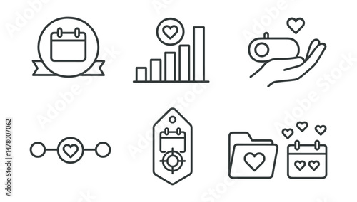 Line style icons of monthly giving programs: monthly pledge badge, impact per month chart, recurring donation toggle, consistent impact icon, donor journey timeline, monthly goal tracker tag, donor