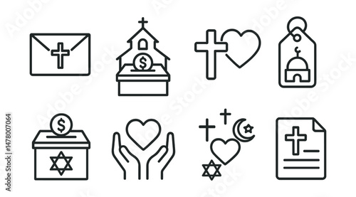 Line style icons of faith-based charity: tithes envelope icon, church donation box, faith + giving symbol, mosque aid project tag, synagogue community fund, giving in worship badge, interfaith