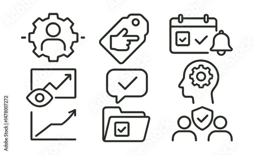 Line style icons of initiative and responsibility: self-starter badge, own your action tag, complete the task file, check-in before reminder board, look ahead chart, do what’s needed bubble,