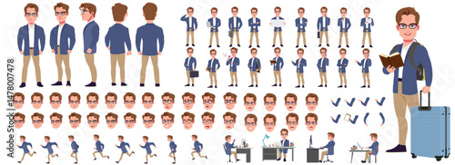 Man Character design. Front, side, back view and explainer animation poses. Character set with lip sync and facial expressions of Happy, angry, sad, Joy with Side walk cycle animation sequence sprite 
