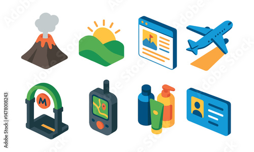 Isometric flat vector icons of Travel Exploration: volcano with smoke, sunrise over hills, travel blog page, airplane takeoff, metro station entrance, GPS device, travel-sized toiletries,