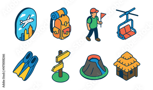Isometric flat vector icons of Travel Exploration: city skyline from airplane, travel backpack with rolled mat, walking tour guide, ski lift, scuba diving fins, hiking trail signpost, volcano crater