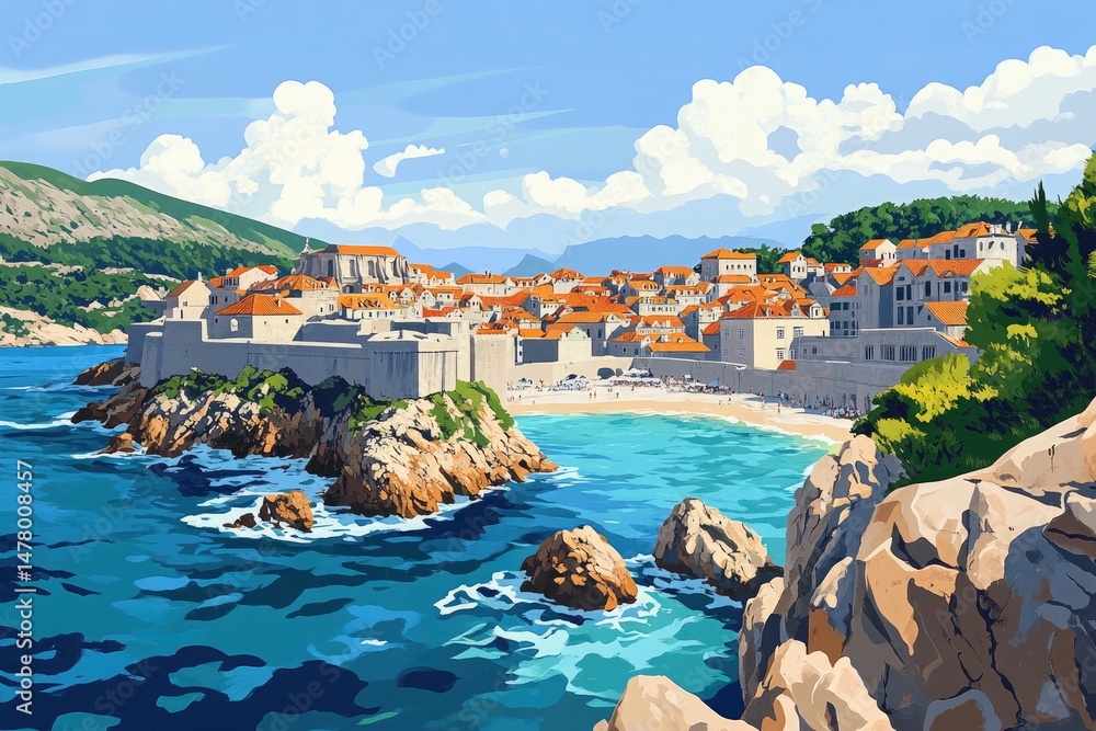 Naklejka premium Dubrovnik Cityscape, Croatia; Orange Rooftops and Azure Sea, Clear Sky Painting