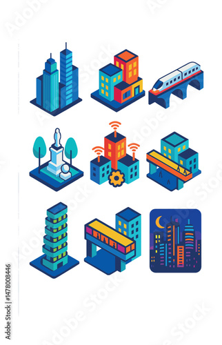 Isometric flat vector icons of Cityscape Evolution: skyline with modern skyscrapers, mixed-use urban block, high-speed train bridge, city square with sculptures, smart city sensors on rooftops,