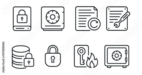 Line style icons of data storage security: encrypted hard drive, seed phrase safe box, backup paper wallet, steel recovery plate, multi-layer encryption icon, offline data locker, private key cold