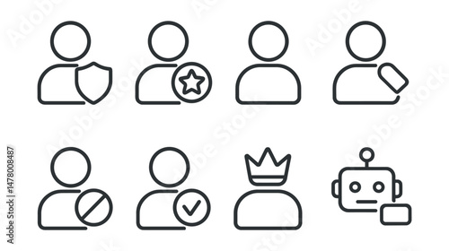 Line style icons of user roles in forums: admin shield icon, moderator star badge, regular user profile, new member tag, banned user symbol, verified contributor icon, forum legend crown, bot tag.