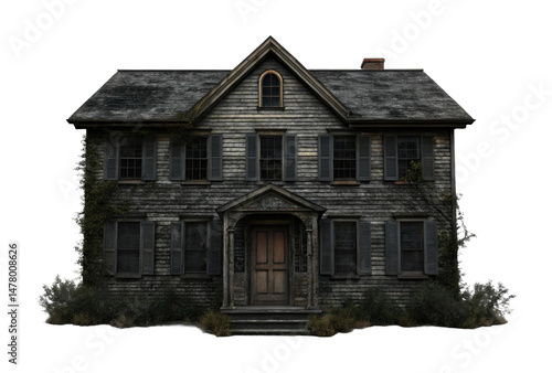 PNG Abandoned two-story house with overgrown vegetation and weathered exterior