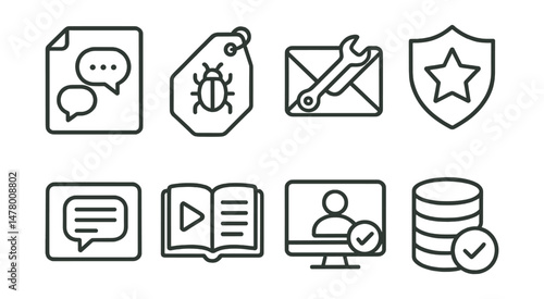 Line style icons of forum support and help: FAQ sheet icon, report a bug tag, contact mods envelope, rules and policy badge, feedback post icon, how-to guidebook, beginner tutorial screen, trust
